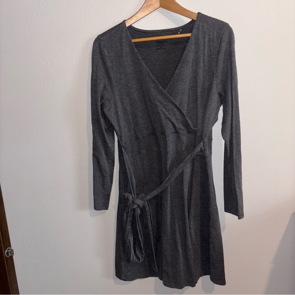 Wrap-Style Long Sleeve Dress in Charcoal Gray